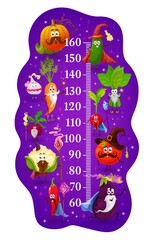 Cartoon vegetable wizards, magicians and sorcerers kids height chart. Vector growth meter sticker scale with funny carrot, tomato, eggplant and spinach, pumpkin and cucumber veggie characters