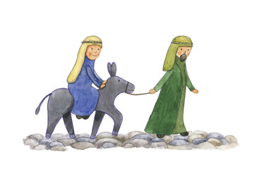 Watercolor drawing Christmas story. Mary and Joseph going to the Bethlehem
