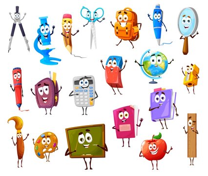Cartoon cute funny school supplies and stationery characters, vector. Back to school, education books, pencil and blackboard for lessons, eraser, ruler and school bag, paint and pen smiling