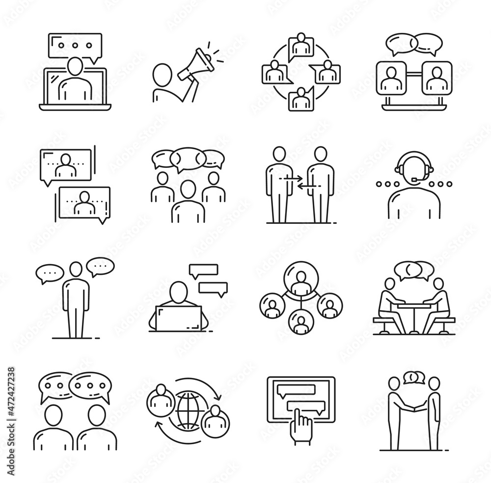Aufkleber business team chat messenger, support communication and message vector line icons. chatbot or bot me