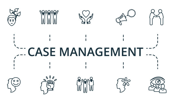 Case Management icon set. Collection of simple elements such as the leadership, autonomy, team spirit, meetup, benevolence, publicity.