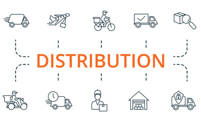 Distribution icon set. Collection of simple elements such as the time of delivery, online order, 13, air delivery, courier, distribution warehouse.