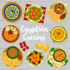Egyptian cuisine menu cover design template. Hulba Fenugreek sauce, Dukkah seasame and Hamsi Buglamasi, Ful Mudammas salad, Briouats fingers and Egyptian soup, eggplant tidbits, Taamia Fava croquettes