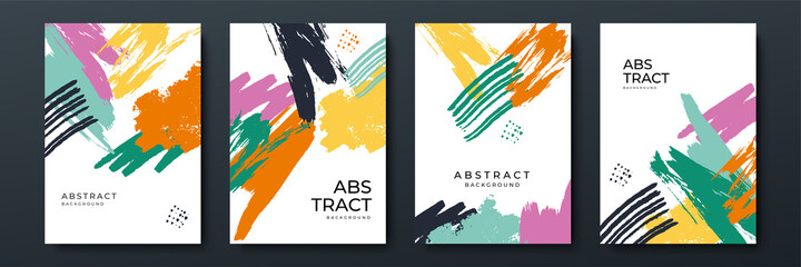 Abstract color brush background template set. Modern abstract covers set, minimal covers design. Colorful geometric background, vector illustration.