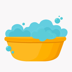Yellow plastic basin with soap suds. Bowl with water. Washing clothes, cleaning equipment. Vector illustration in flat style