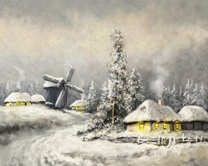 Oil paintings landscape, old village, winter landscape with trees and snow, windmill in winter