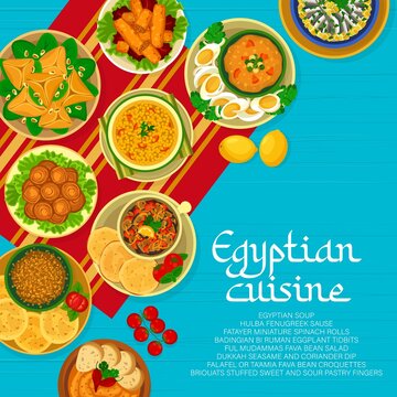 Egyptian cuisine restaurant menu cover. Egyptian soup, Fatayer rolls and Dukkah seasame, Hamsi Buglamasi, Taamia and Briouats fingers, Ful Mudammas salad, eggplant tidbits and Hulba Fenugreek sauce