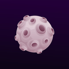 Cartoon planet with with volcanic vents. Alien fantasy home world or fantastic galaxy inhabited planet. Space sci-fi game user interface element, moon or satellite vector icon with craters or pipes