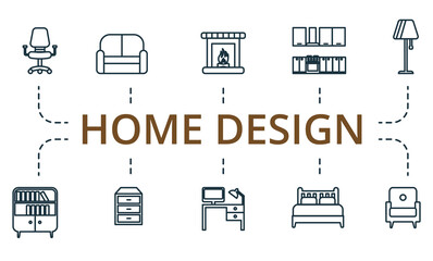 Home Design icon set. Collection of simple elements such as the desk, floor lamp, couch, kitchen set, fireplace, drawer unit.