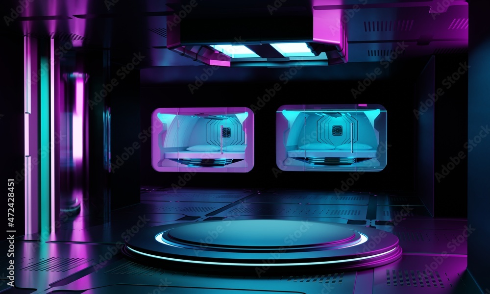 Aufkleber inside spaceship laboratory interior architecture and empty podium for cyberpunk product presentatio