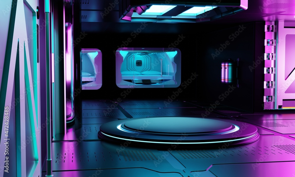 Aufkleber inside spaceship laboratory interior architecture and empty podium for cyberpunk product presentatio
