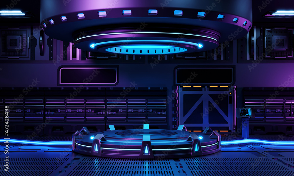 Aufkleber inside spaceship laboratory interior architecture and empty podium for cyberpunk product presentatio