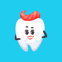 Tooth emoticon cute girl with red lips, perfect smile cartoon character girl showing cool sign. Vector healthy tooth, dental care. Dentistry clinic emblem, teeth sign, oral hygiene, happy implant