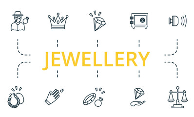 Jewellery icon set. Collection of simple elements such as the crown, silver cutlery, 13, signaling, jewelry insurance, ring fitting.