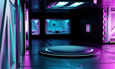 Inside spaceship laboratory interior architecture and empty podium for cyberpunk product presentation. Technology and Sci-fi concept. 3D illustration rendering