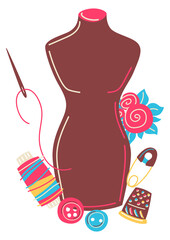 Illustration with needlework sewing items. Handicraft and hand made. Feminine creativity hobby and shopping.