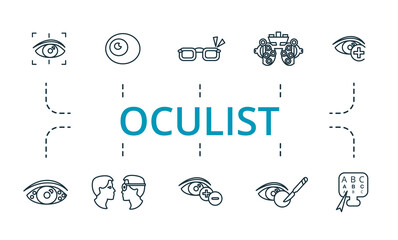 Oculist icon set. Collection of simple elements such as the glasses, blindness, 13, vision correction, astigmatism, cataract surgery.