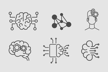 Artificial Intelligence and Neural Network icon set. Outline thin line illustration. Isolated on white background. 