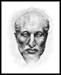 Pencil sketch drawing of the Plotinus philosopher. (c. 204/5 – 270 C.E.). Poster, Wall Decoration, Postcard, Social Media Banner, Brochure Cover Design Background. Vector Pattern.