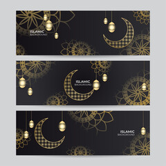 Set of Ramadan Kareem banner background. Gold lantern moon and abstract luxury islamic pattern elements background