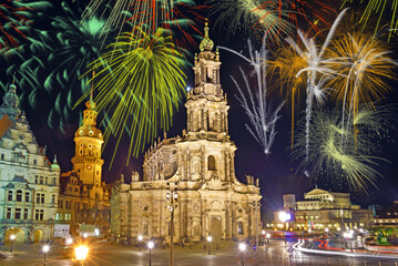 Naklejka premium Beautiful bright colorful city landscape in the old city of Dresden, Germany in the festive New Year's fireworks
