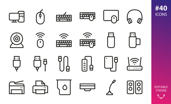 Gadgets and Personal computer accessories isolated icons set. Set of pc accessories, wireless mouse, keyboard, flash drive, usb cable, mic, cam, headphones, usb hub, computer cable icons 