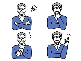 疑問と問題の解決を表情で表す男性のイラスト(ソーシャルメディア、発見、シニア世代、閃き、考える、理解する、悩む) An illustration of a man who expresses questions and problems with his expression.Social media, senior generation, thinking, worrying.