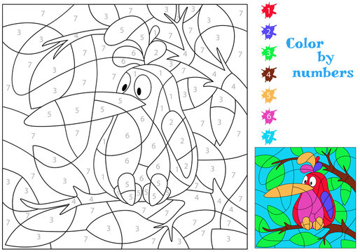 A funny bird with a large beak on a tree. We paint by numbers. Coloring book. An educational puzzle game for children.