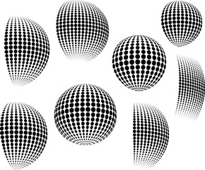 Halftone distort ball. Circle dots 3d sphere. Logo emblem design element for medical, treatment, cosmetic. Globe icon using halftone circle dots raster texture