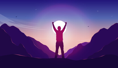 Male personal triumph - Man standing with hands raised on mountain, feeling happy after achieving life goal. Success and winner concept. Vector illustration - obrazy, fototapety, plakaty