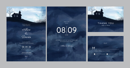 wedding invitation, with watercolor landscape church illustration.