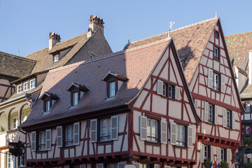 Facade of half timbered houses in Colmar, France