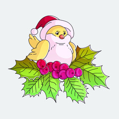 fluffy bird. Christmas hat. Christmas berries