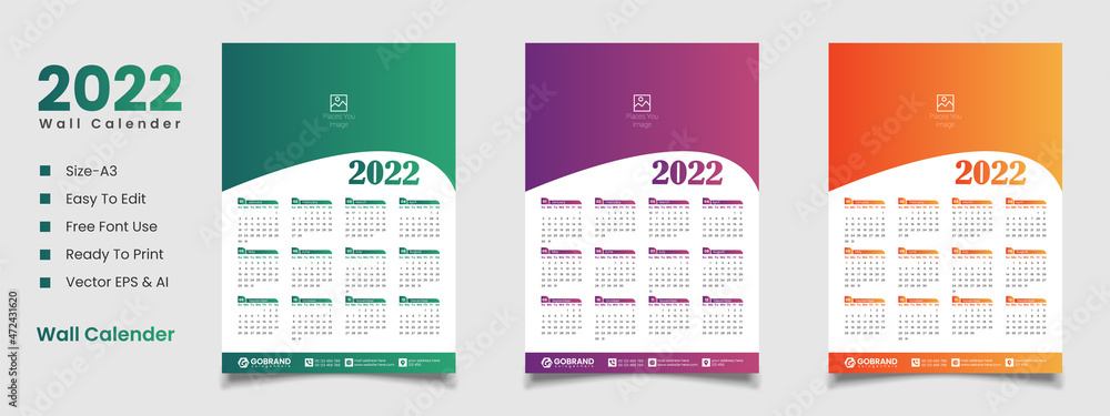 Poster 2022 wall calendar template design and free vector file or editable file