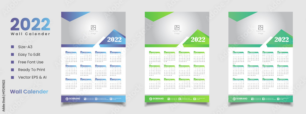 Poster 2022 wall calendar template design and free vector file or editable file