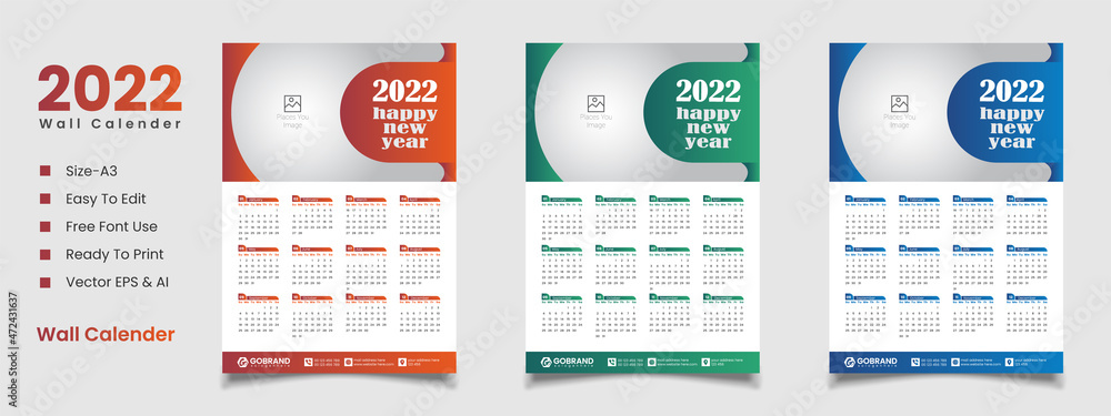 Poster 2022 wall calendar design template with 12 mount and editable vector file