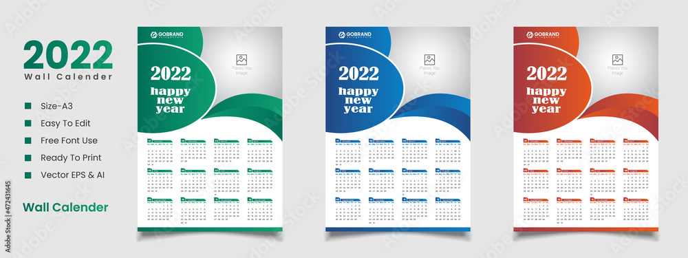 Poster 2022 wall calendar design template with 12 mount and editable vector file