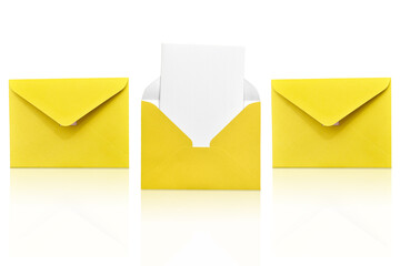 Three yellow envelopes isolated on white background one open with a note inside. Place for your text. Delivery service.
