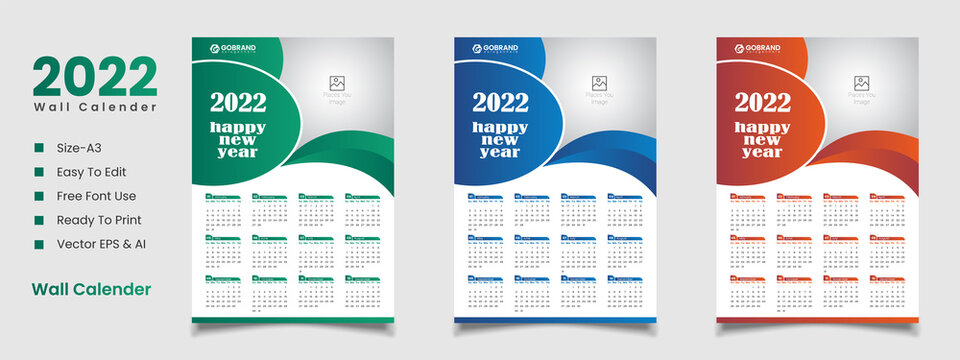 2022 Wall  Calendar design template with 12 mount and editable vector file 