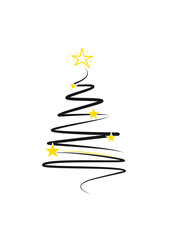 weihnachtskarte mit modernem tannenbaum mit schwarzen linien und goldenen sternen