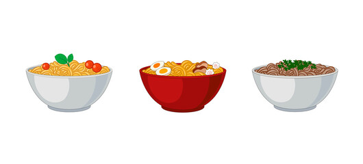 Set of Different Noodles in Bowls Isolated o White Background, Ramen, Italian Pasta.