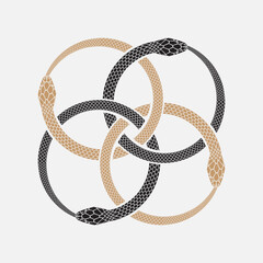 Ouroboros, symbol of infinity. 4 entwined snakes, mythology design element. Vector illustration isolated on white background - 472432224