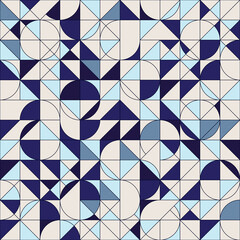 Blue geometric retro background. Circles, squares and triangles. Seamless pattern, vector illustration, EPS 10