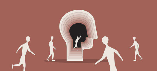 Finding yourself concept. State of mind, vector illustration of abstract human head with people inside and outside - 472432401