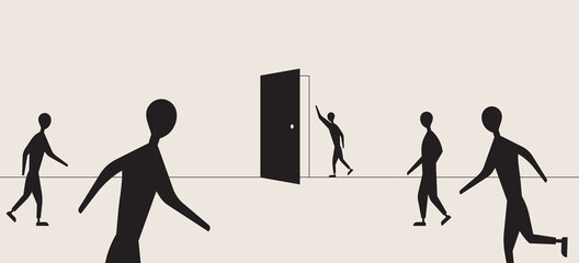 People are running to the open door. Finding solution, searching new ways. Vector illustration, EPS 10