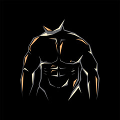Muscular man, vector illustration. Geometric design, torso of body isolated on black background