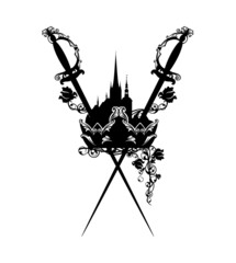 fairy tale medieval castle and royal crown with rose flowers and crossed court swords decor - black and white vector design for legendary monarch