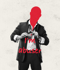 Contemporary artwork. Conceptual portrait of faceless man with words expressing a social issues and...