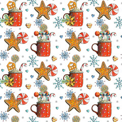 Christmas Sweets seamless pattern with candy, gingerbread, cookies, snowflake and cup with cocoa. Hand drawn illustration.