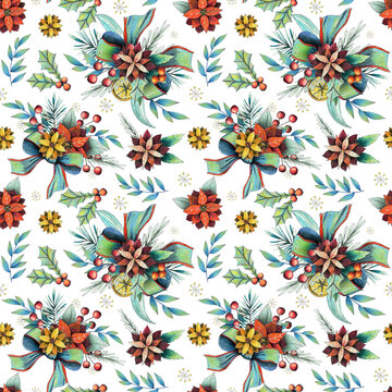 Christmas winter seamless pattern with flowers, leaves, branch, berries, bow and poinsettia. Hand drawn illustration.